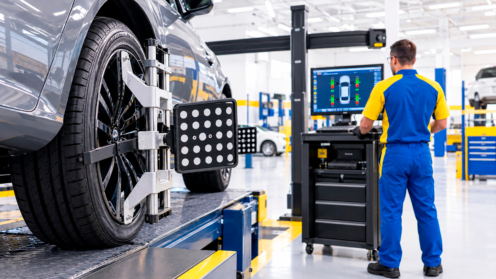 Máquina de alinhamento 3D com câmeras e alvos nas rodas do carro